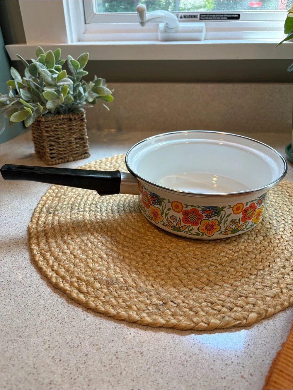 Vintage 1970s Enamelware Saucepan/Pot Flower Power